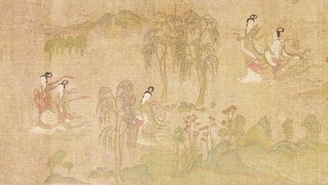 《洛神赋图》画卷中人物安排疏密得宜,在不同的时空中自然地交替、重叠,山川景物描绘展现空间美。